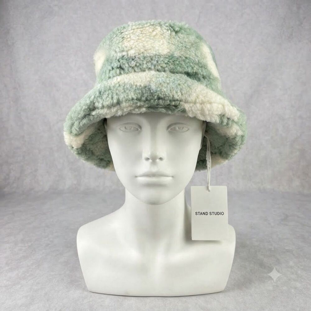 Stand Studio Wera Bucket Hat Womens Size S Green Check Wool Fleece Cozy Plush